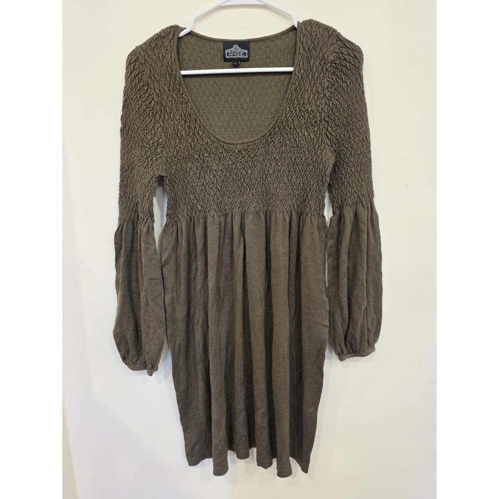 Angie Textured Knit Babydoll Mini Dress Long Sleeve Empire Waist L Boho Hippie